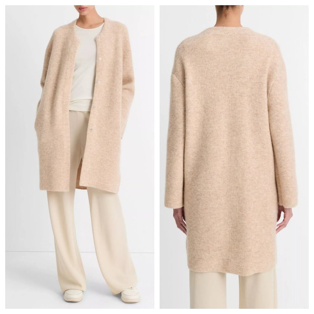 Vince Textured Soft Sculpted Knit Car Coat Heather Wheat Cream